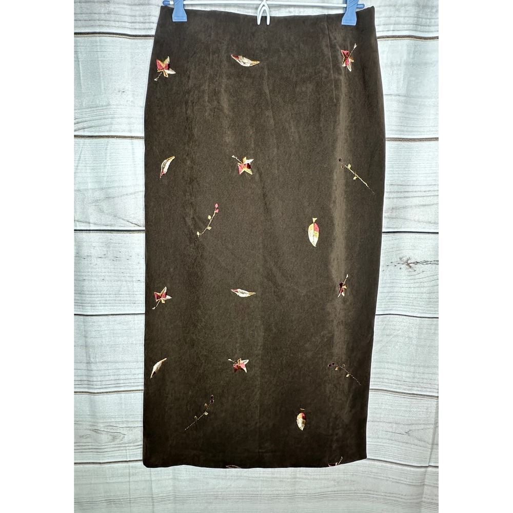 Coldwater Creek Pencil Skirt Womens P8 Brown Embroidered Leaf Faux Suede Midi